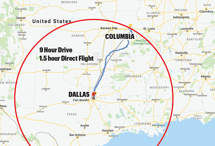 Driving map from dallas to columbia