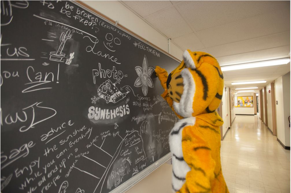 Truman writing on chalkboard